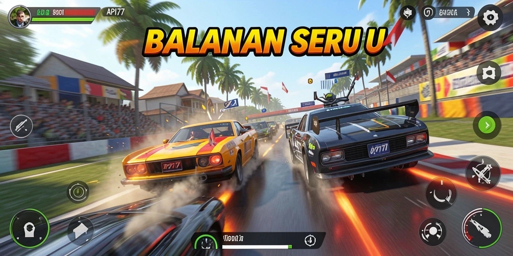 Screenshot menunjukkan aksi balap mendebarkan di jalur dengan grafis yang menakjubkan.