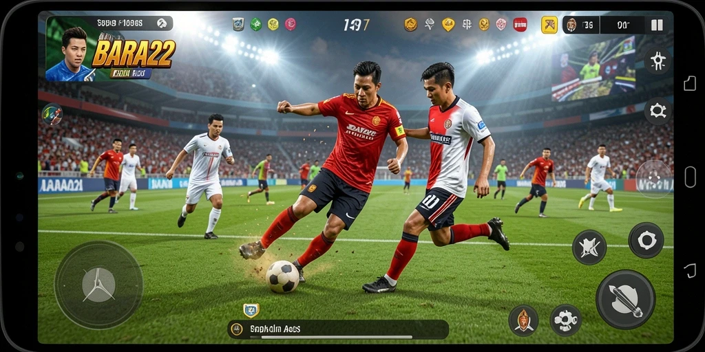 Screenshot BARA22 menampilkan momen intens di lapangan sepak bola.