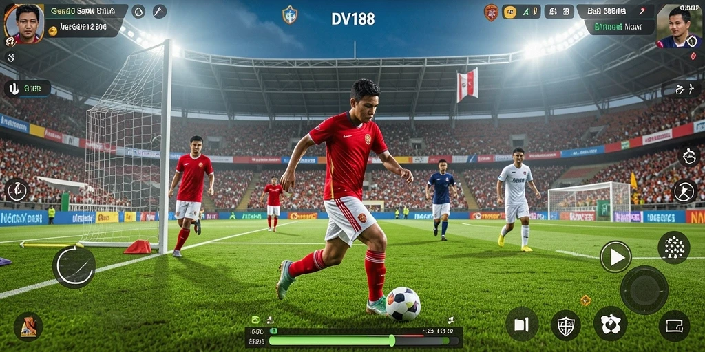 Screenshot gameplay yang menunjukkan aksi seru di lapangan sepak bola.