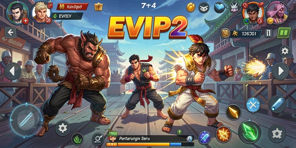 Tangkapan layar utama EVIP2 menampilkan aksi pertarungan yang mendebarkan.