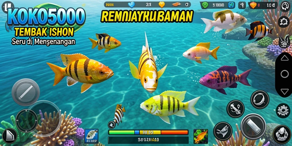 Screenshot KOKO5000 menampilkan aksi seru dalam berburu ikan.