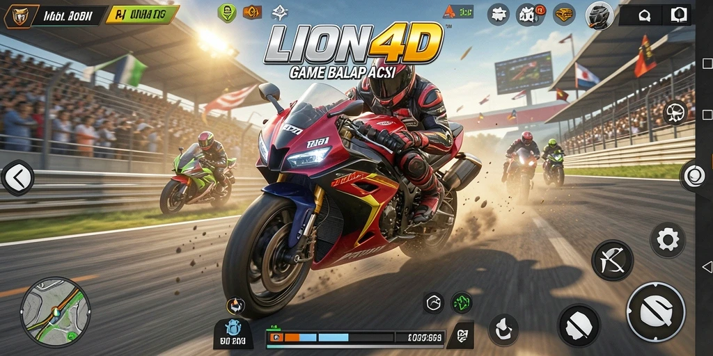 Screenshot gameplay LION4D dengan balapan motor yang mendebarkan.