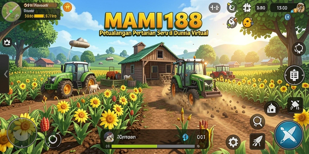 Screenshot gameplay MAMI188 yang menampilkan kebun yang subur dan hewan ternak.