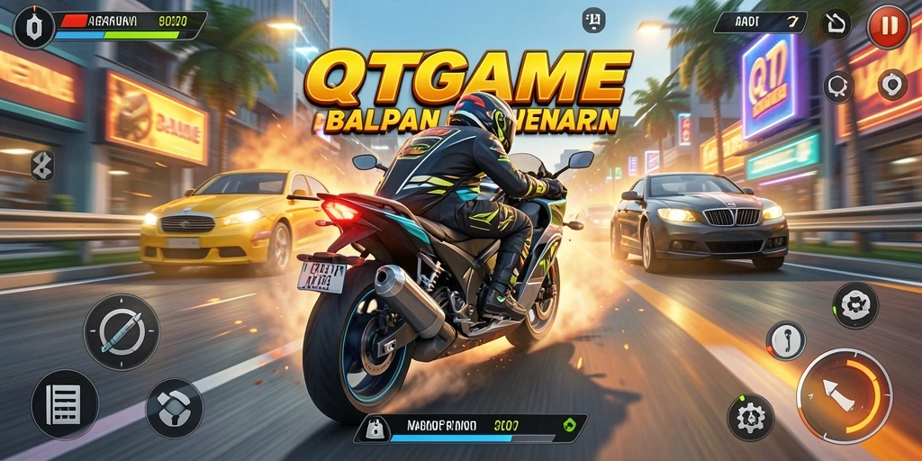 Tampilan utama gameplay QTGAME dengan balapan motor yang seru.
