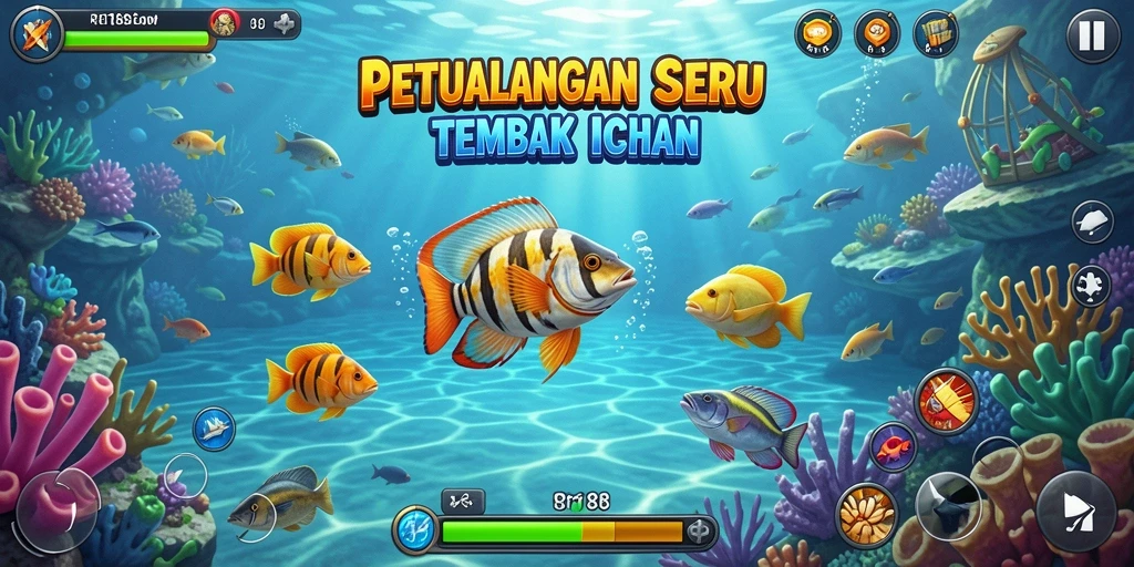 Tampilan gameplay menembak ikan yang seru dan penuh warna.