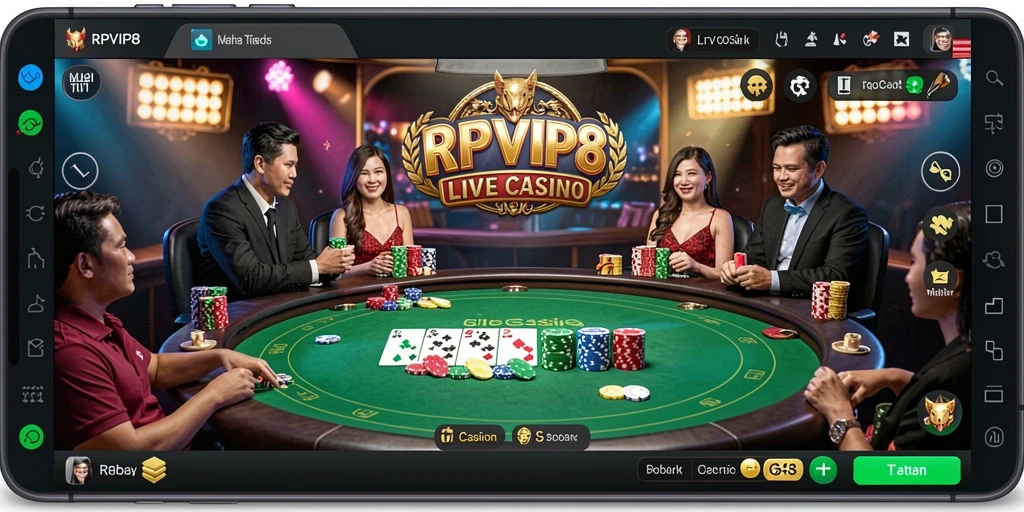 Screenshot gameplay Live Casino RPVIP8 dengan interaksi dealer dan pemain.