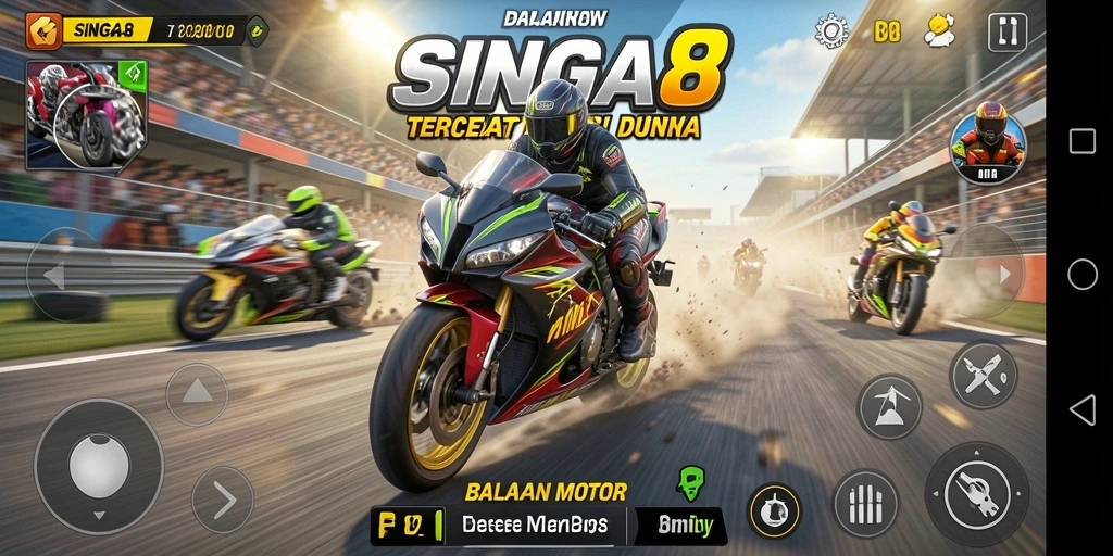 Screenshot gameplay SINGA8 menampilkan aksi balap motor yang mendebarkan.